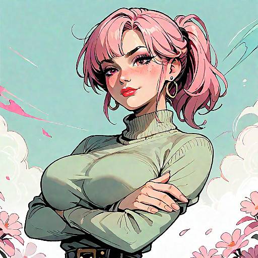 Anime Style Girl with Pink Hair and Turtleneck Sweater