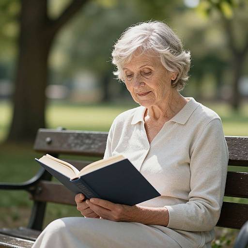 Photograph of an elderly woman with short gray hair, wearing a white sweater, reading a black book on a park bench.