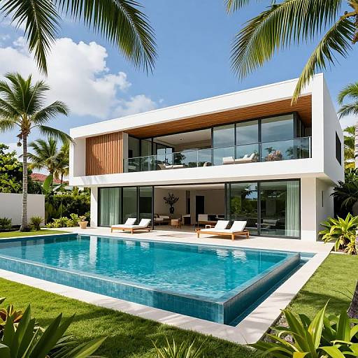 Modern two-story house with large glass windows, wooden accents, and a blue rectangular pool, surrounded by palm trees and greenery.