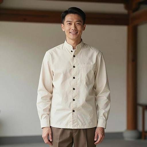 East Asian Man in Cream Shirt and Brown Pants