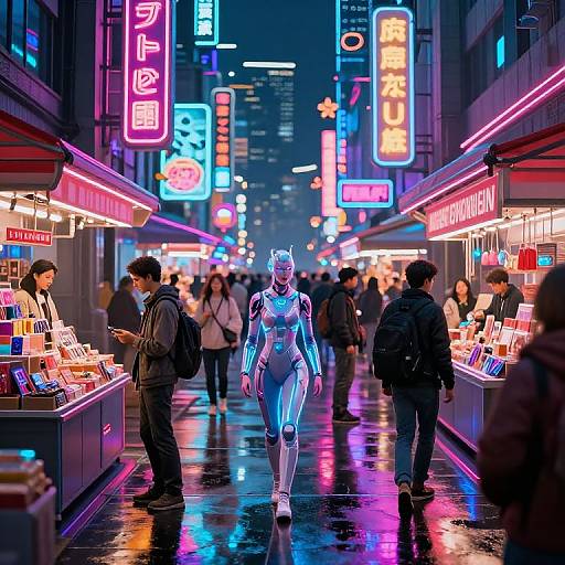 Neon-lit, futuristic street market at night. Cybernetic woman in glowing bodysuit walks center, surrounded by shoppers and vibrant, colorful
