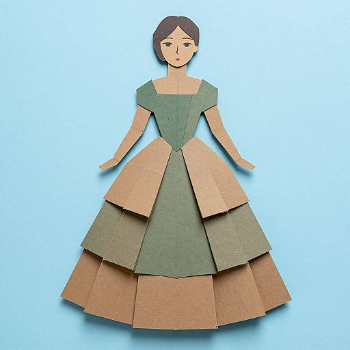 Paper cut-out of a woman with dark hair, green dress, and layered brown skirt, set against a light blue background.