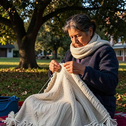 Mujer tejiendo en parque tranquilo