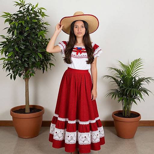 Photograph of a young Latina woman in a white blouse, red lace skirt, and straw hat, standing between two potted plants.