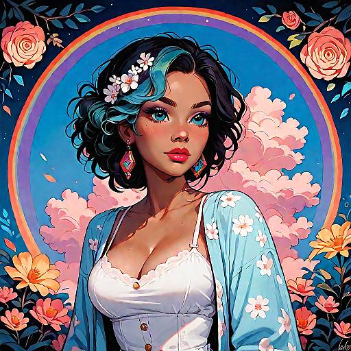 Stylish woman in floral dress with rainbow background