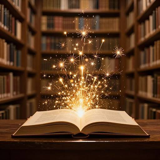 Photograph of an open book on a wooden table in a library, with vibrant, golden fireworks exploding from its pages.