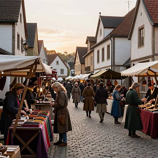 Photograph of a bustling outdoor market at sunset, with cobblestone street, white medieval-style buildings, and vendors selling jewelry under white canopies.