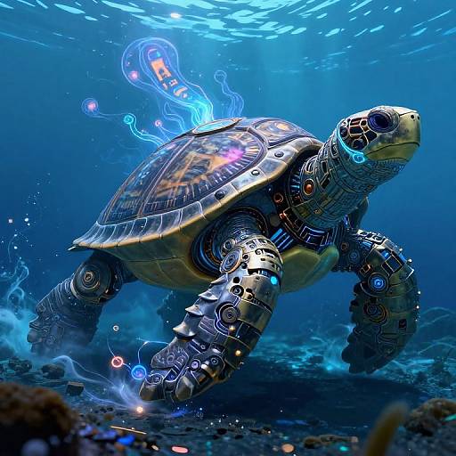 Digital art of a futuristic, cybernetic sea turtle swimming underwater, surrounded by glowing blue holographic lights and illuminated ocean floor.