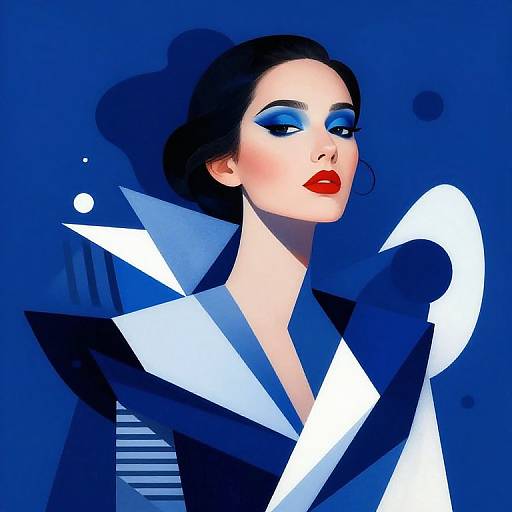 Digital art: Bold, blue-eyed woman with red lipstick, black hair in a bun, wearing a dramatic, angular white and blue coat, against a