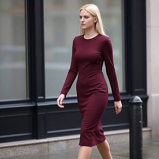 Blonde woman in a form-fitting, long-sleeve, burgundy dress walks past a black-framed building window on a city street.
