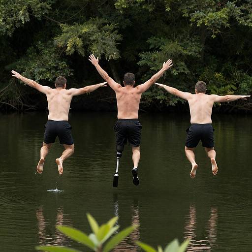 Three Men Jumping into Lake