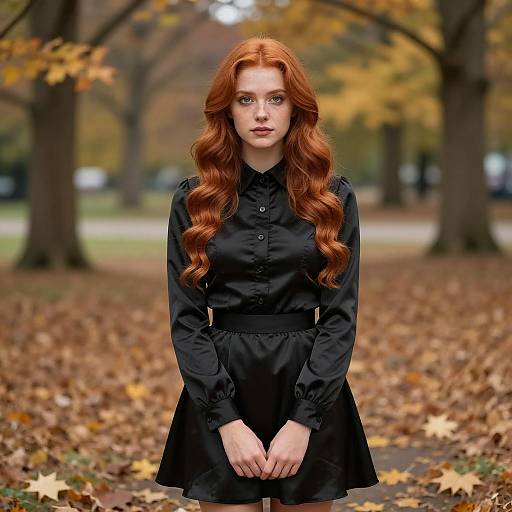 Young Woman in Black Satin Dress in Autumn Park