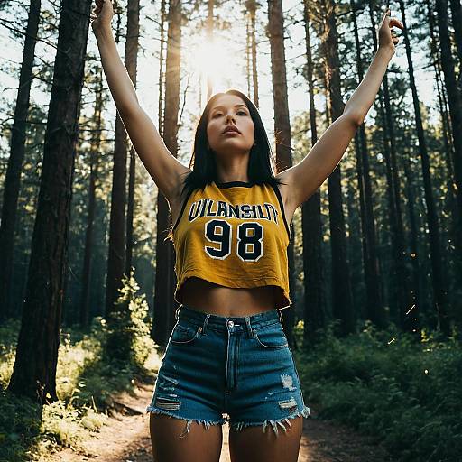 Woman in Cropped Varsity Tank Top in Forest