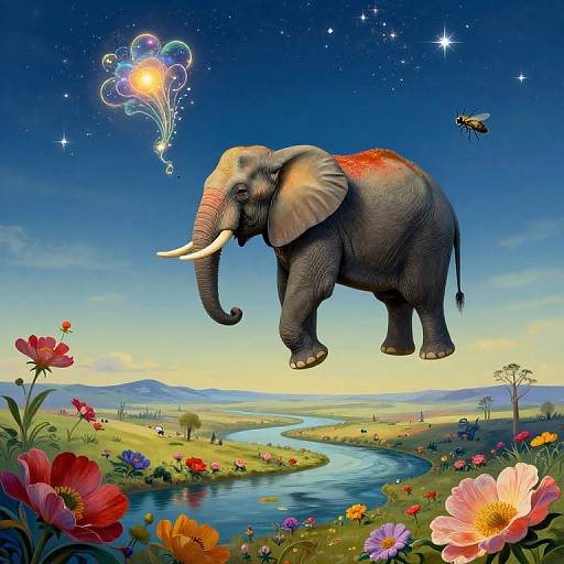 Colorful digital illustration of a floating, red-painted elephant above a meandering river, surrounded by vibrant flowers, a glowing sun, and a bee