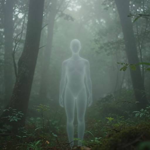 Photograph-style CGI of a translucent, featureless, white, humanoid figure standing in a misty, dense forest with tall trees and lush greenery