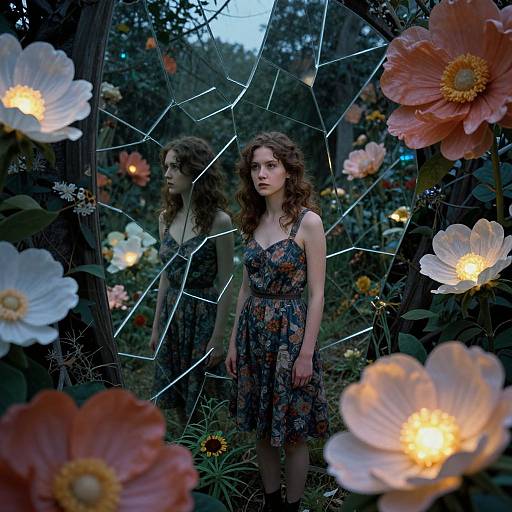 Photograph of a young woman with curly brown hair in a floral dress, standing in a dark garden with glowing flower lights reflected in a shattered mirror.
