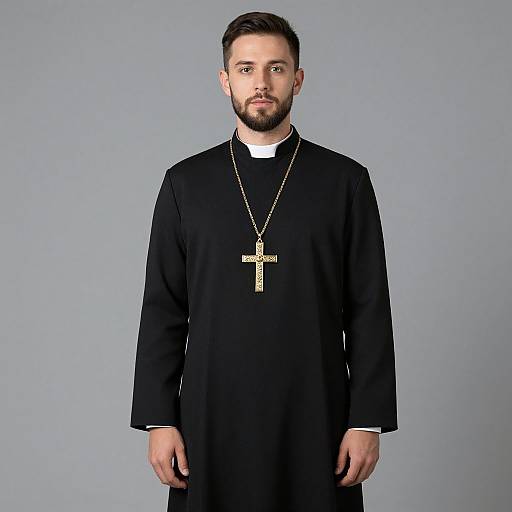 Photograph of a bearded Caucasian man in a black clerical robe, white collar, and gold cross necklace, standing against a plain gray background.