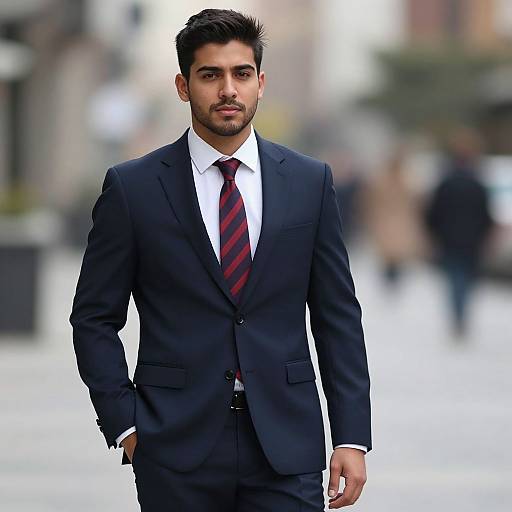 Photograph of a handsome, dark-haired man in a black suit, white shirt, and red-striped tie, walking confidently in a blurred urban street background