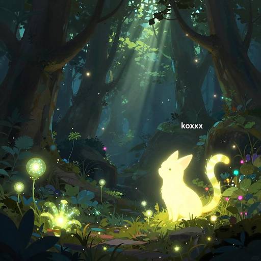 Digital fantasy artwork of a mystical forest at night, illuminated by glowing fireflies and a bright, ethereal yellow fox-like creature.