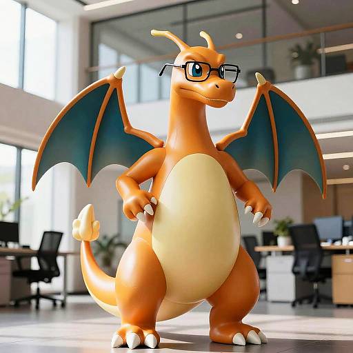 Digital artwork of an anthropomorphic Charizard with glasses standing in a modern office, orange and cream-colored with blue wings, confident expression.