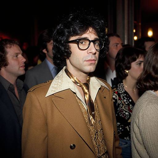 Photograph of a young man with dark curly hair, black-framed glasses, and a brown jacket with a white collar, standing in a dimly