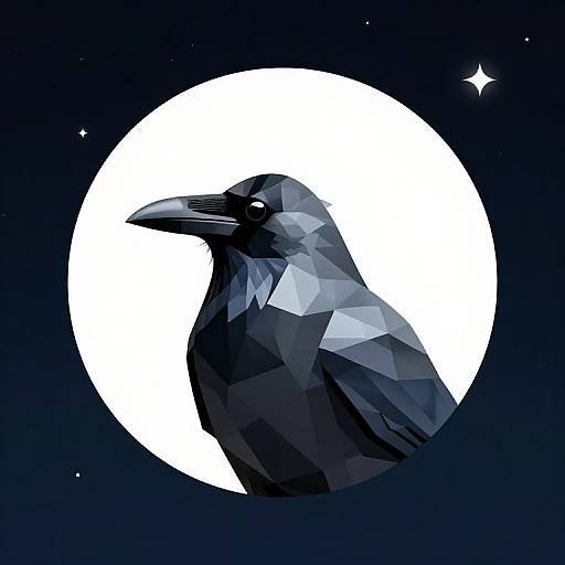 Geometric, low-poly black crow silhouette against a white full moon in a dark blue night sky with a small star. Digital art.