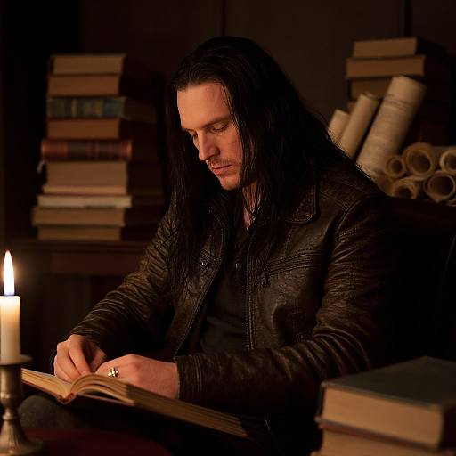 Photograph of a long-haired man with a mustache, wearing a black leather jacket, reading a book by candlelight in a dimly lit library