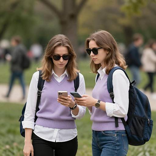 Young Women in Park with Smartphones
