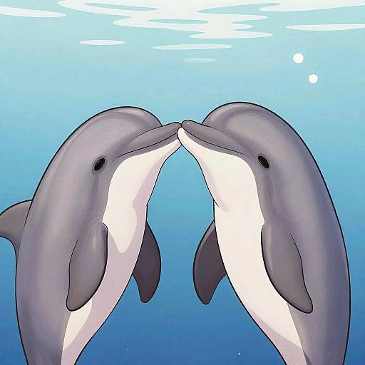 Digital illustration of two dolphins with gray and white bodies, nose-to-nose underwater, against a gradient blue background with light reflections.