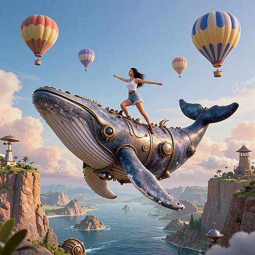 Digital artwork of a girl in shorts and tank top riding a giant, steampunk whale amidst colorful hot air balloons over a fantastical coastal landscape.