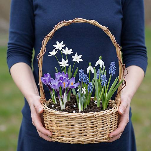 Woman Holding Basket of Spring Flowers