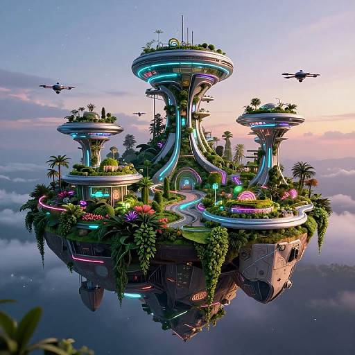 Digital artwork of a futuristic floating city with neon lights, lush greenery, and towering structures, set against a twilight sky with flying drones.