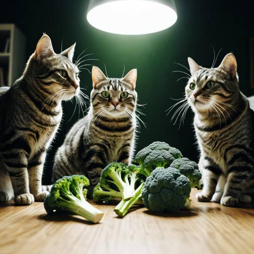 Three Tabby Cats with Broccoli Under Lamp