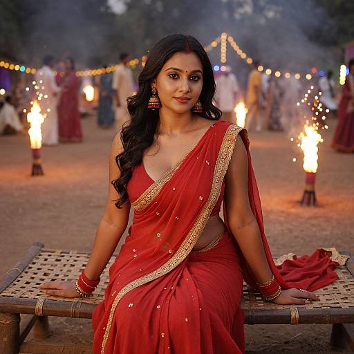 Photograph of an Indian woman with long black hair, wearing a red sari with gold trim, seated on a woven bench, surrounded by lit torch