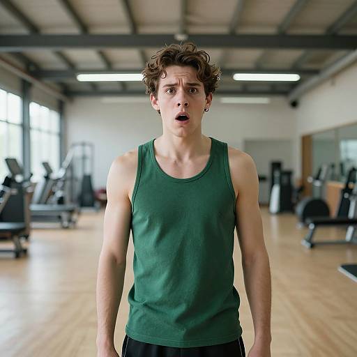 Photograph of a young, curly-haired man in a green tank top standing in a brightly lit gym, looking surprised. Background includes gym equipment and wooden