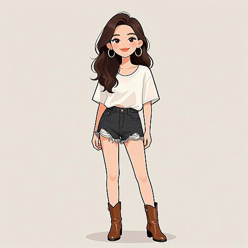 Digital illustration of a smiling young woman with long brown hair, wearing a white t-shirt, black high-waisted shorts, brown boots, and large