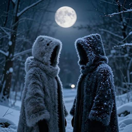 Photograph of two people in furry, snow-covered winter coats standing in a snow-laden forest at night, facing a bright full moon.