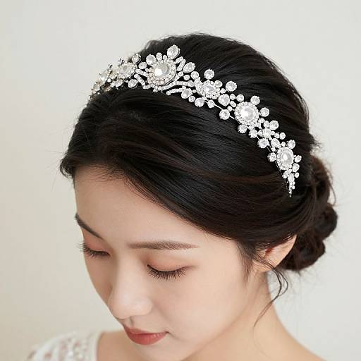 Photograph of an Asian woman with fair skin, black hair in a bun, wearing a delicate white floral tiara and white dress, eyes closed,