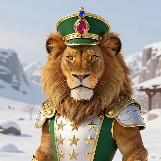 3D Lion King in Admiral Armor in Snowy Landscape