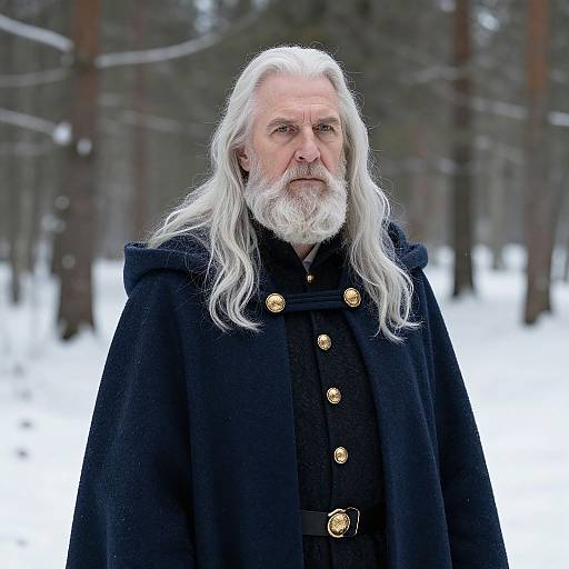 Photograph of an elderly white man with long white hair and beard, wearing a black cloak with gold buttons, standing in a snowy forest.