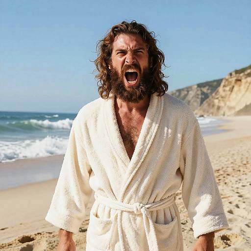 Rugged Man Yelling on Sunny Beach