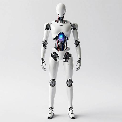 Digital illustration of a white, humanoid robot with black mechanical joints and a glowing blue core, standing against a plain white background.