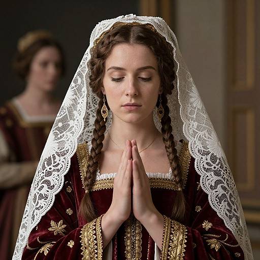 Photograph of a young woman with braided brown hair, wearing a lace veil and richly embroidered maroon dress, praying with hands clasped,
