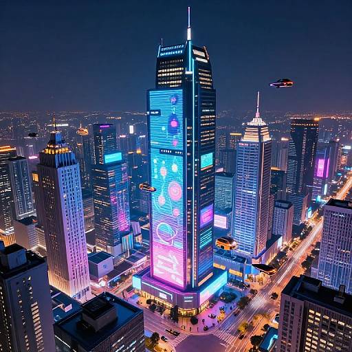 Aerial photograph of a vibrant, neon-lit city skyline at night, featuring tall skyscrapers with colorful LED advertisements, illuminated streets, and a
