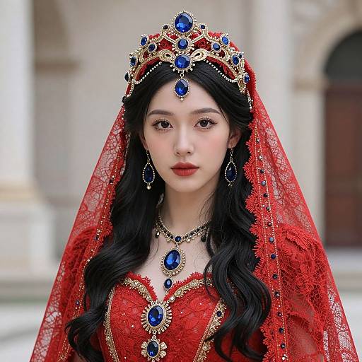 Digital painting of an Asian woman with long black hair, wearing a red lace veil, blue gemstone tiara, and matching dress, adorned with intricate