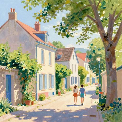 Digital painting of a sunny village street with two children walking away from colorful, charming houses, trees, and potted plants.