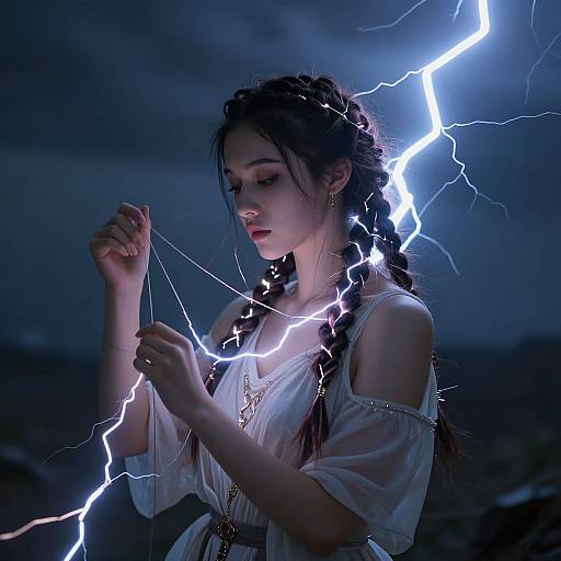 Photograph-like digital artwork of a young woman with braided hair, white off-shoulder dress, and lightning bolts surrounding her, standing against a
