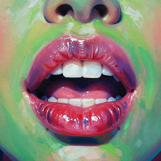 Close-up photograph of a person's face with neon green and pink lips, glossy red lips, white teeth, and partially visible nose, using vibrant,