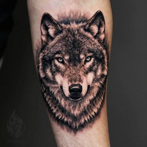 Realistic black and grey wolf tattoo on forearm, detailed fur, intense gaze, high contrast, visible artist watermark in corner.