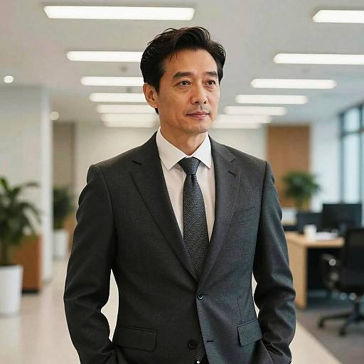 Photograph of an Asian man in a black suit, white shirt, and black tie, standing in a bright, modern office with fluorescent lights and p